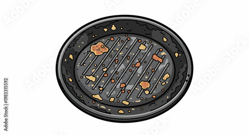 A dirty, used grill pan with scattered food remnants after cooking