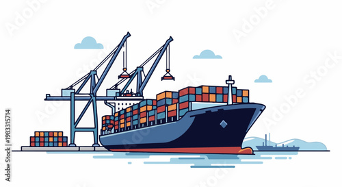 A large cargo ship is docked at a port, being loaded by cranes