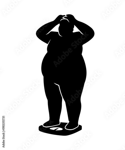 Overweight man weighing himself feeling frustration