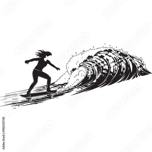 A female silhouette skillfully rides a skateboard down the face of a large, crashing ocean wave.