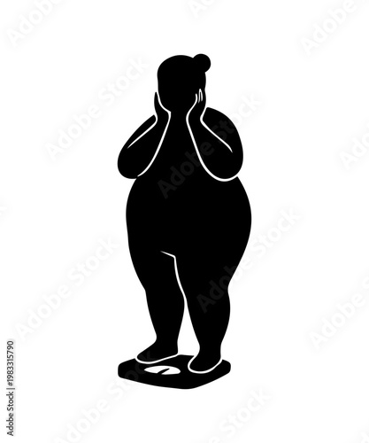 Overweight woman weighing herself feeling frustration