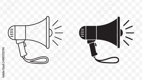 Black and white megaphone icons with dynamic lines for announcements and promotions isolated on Transparent Background