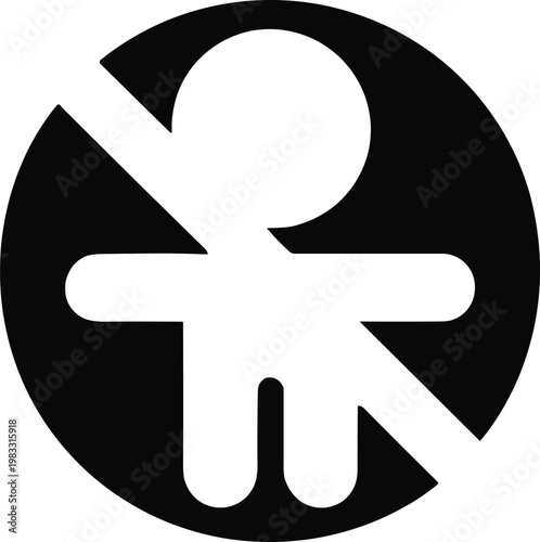 Black silhouette no children warning icon vector illustration, restriction symbol for product safety, packaging, age limit, caution design
