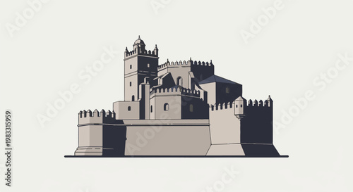 A minimalist depiction of a grand stone castle with crenellated walls and towers