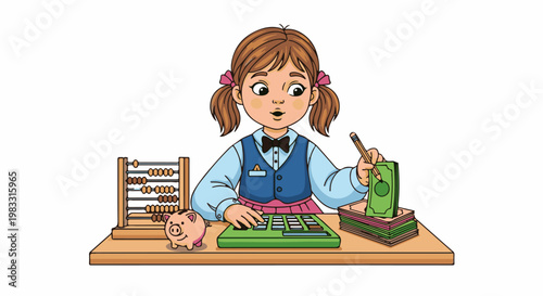Young girl uses calculator, abacus, and piggy bank for finance