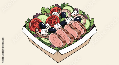 Whimsical salad with sliced meat and playful dice in a box