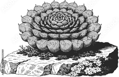 Intricate succulent plant with layered rosette leaves growing on textured rock surface detailed botanical illustration