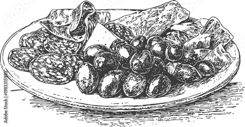 Charcuterie platter with sliced salami, olives, and cured meats on a round plate illustration