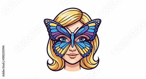 Woman's face with a blue, purple, and yellow butterfly mask and blonde hair
