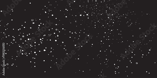 Snow, stars, twinkling lights, rain drops on black background. Abstract vector noise. Small particles of debris and dust. Distressed uneven grunge overlay.