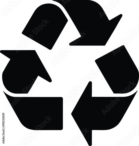 Black silhouette recycling symbol vector illustration with three arrows loop icon for sustainability, environment, waste reduction, eco‑friendly design