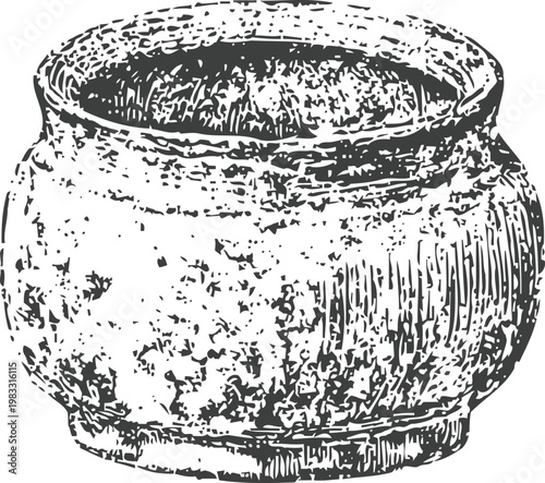Rustic clay pot illustration handmade ceramic bowl with textured surface and round shape, traditional pottery art design