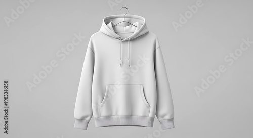 White hoodie hanging on a hanger with clean grey background.