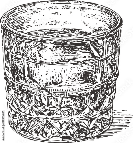 vintage glass tumbler filled with water, textured pattern detailed engraving illustration
