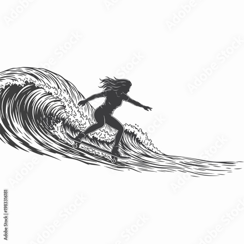 A determined female silhouette glides on a skateboard across a stylized, abstract wave with dynamic motion lines.