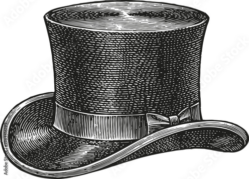 Vintage engraved black top hat with ribbon bow detailed illustration