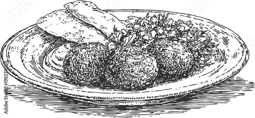 Falafel balls served with flatbread and herbs on a round plate vintage black and white illustration