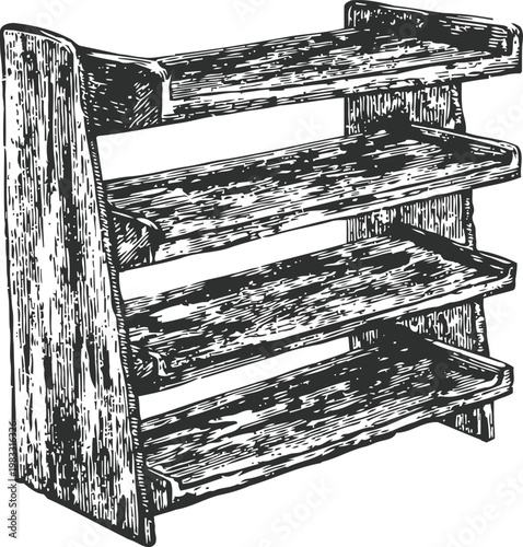 Rustic wooden shelf unit with three tiers, vintage handcrafted furniture illustration