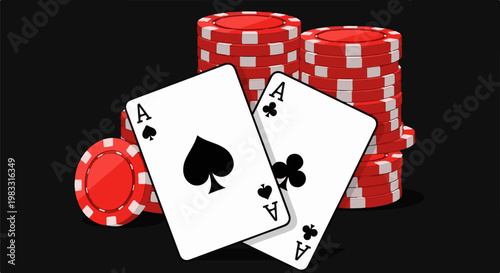 Two aces and stacks of casino chips against a black background