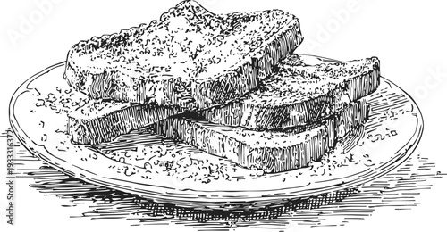 Three slices of toast stacked on a plate with crumbs