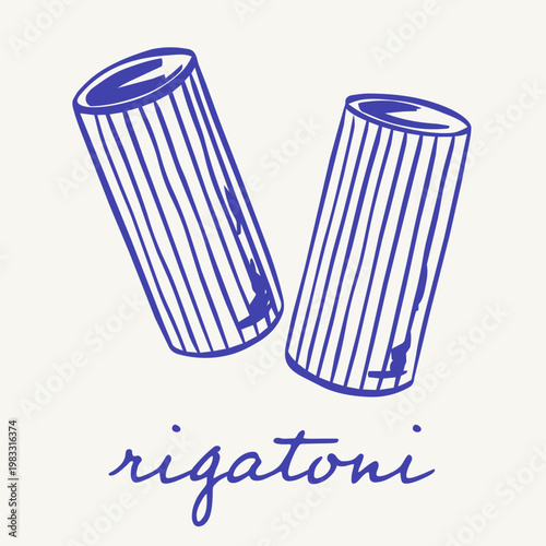 Blue rigatoni pasta illustration with two striped tubes and handwritten lettering on a white background. Hand drawn Italian food motif featuring classic ridged macaroni in a clean retro style.