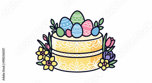 A decorative cake adorned with painted Easter eggs and springtime flowers