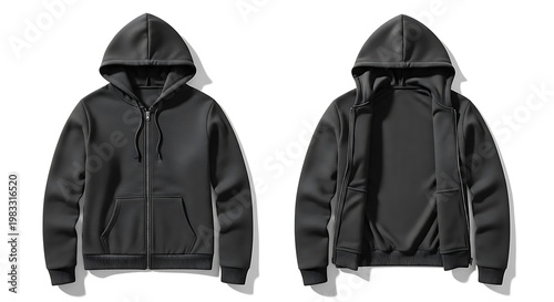 Black zip-up hoodie open and closed front and back views.