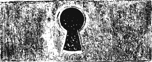 Rustic vintage keyhole silhouette on textured wooden surface, old door lock detail