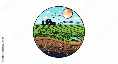 A circular illustration depicting a farm with fields, a barn, and underground soil life