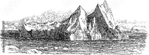 iceberg floating in ocean waters with detailed vintage engraving illustration