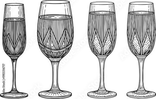Vintage hand drawn champagne flutes set with sparkling wine, elegant glassware collection illustration