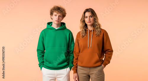 Green hoodie on man, orange hoodie on woman, styled studio fashion portrait.