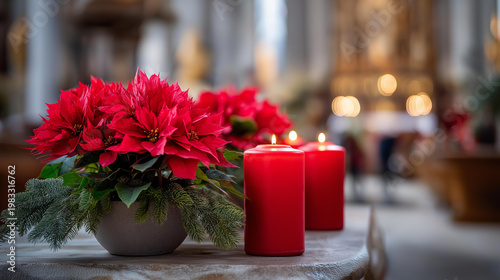 Festive Christmas church interior with red poinsettias and glowing candles, Advent service decoration concept, religious holiday background photography, with copy space