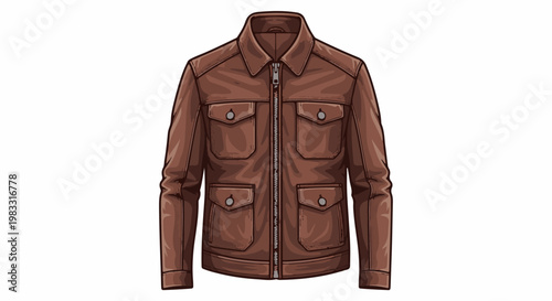 A brown leather jacket with a zippered front and four pockets