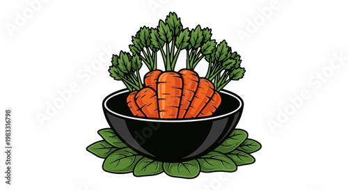 A black bowl overflows with vibrant carrots and fresh green leaves