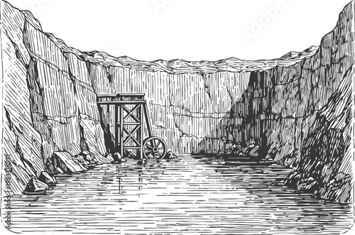 abandoned mine shaft with wooden support beams and water filled quarry in rocky terrain