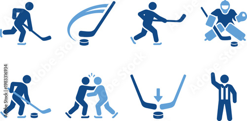Ice hockey players and goalie illustrated icons set in blue tones