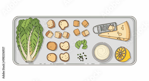A flat lay of ingredients for a salad lettuce, croutons, cheese, grater, dressing, and lemon