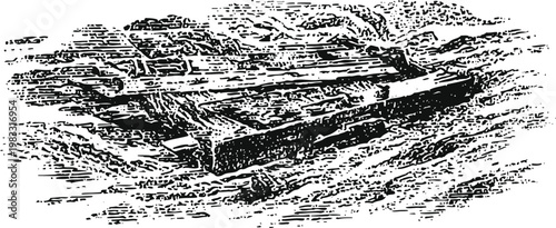 Vintage wooden railway sleepers laid on the ground with gravel and dirt texture