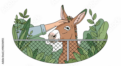 A gentle hand pets a brown donkey's head over a fence in lush foliage
