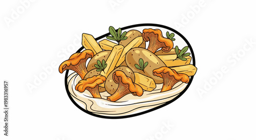 A flavorful dish of golden fried potatoes and vibrant chanterelle mushrooms