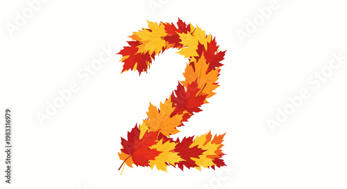 A numeral two formed by autumn leaves in red and yellow hues
