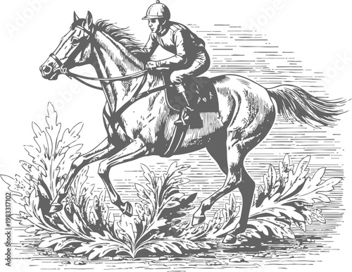 Jockey riding horse in mid jump over ornamental foliage vintage equestrian sport illustration