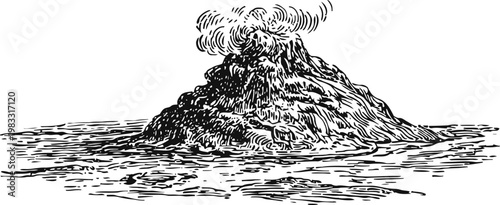 Volcano erupting island in ocean with smoke and lava flow detailed black ink drawing