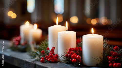 Four lit white candles on a Christmas garland with red berries in a decorated church interior, festive sacred atmosphere concept, Advent and Christmas church photography, with copy space