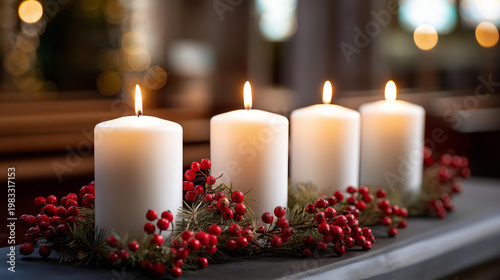 Four lit white candles on a Christmas garland with red berries in a decorated church interior, festive sacred atmosphere concept, Advent and Christmas church photography, with copy space