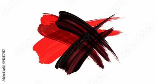 Abstract ink strokes in red and black create a dynamic, artistic composition