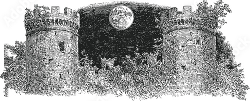 Ancient stone castle towers at night with full moon and surrounding trees vintage illustration