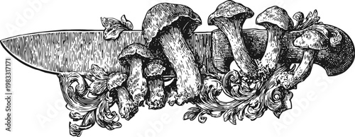 Decorative knife with ornate floral and mushroom engraved handle in vintage black ink