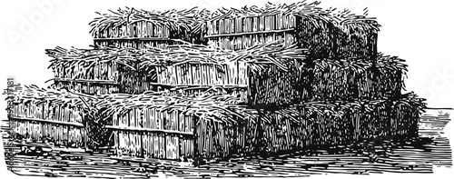 Stacked hay bales in rustic farm setting dried grass bundles ready for animal feed or storage